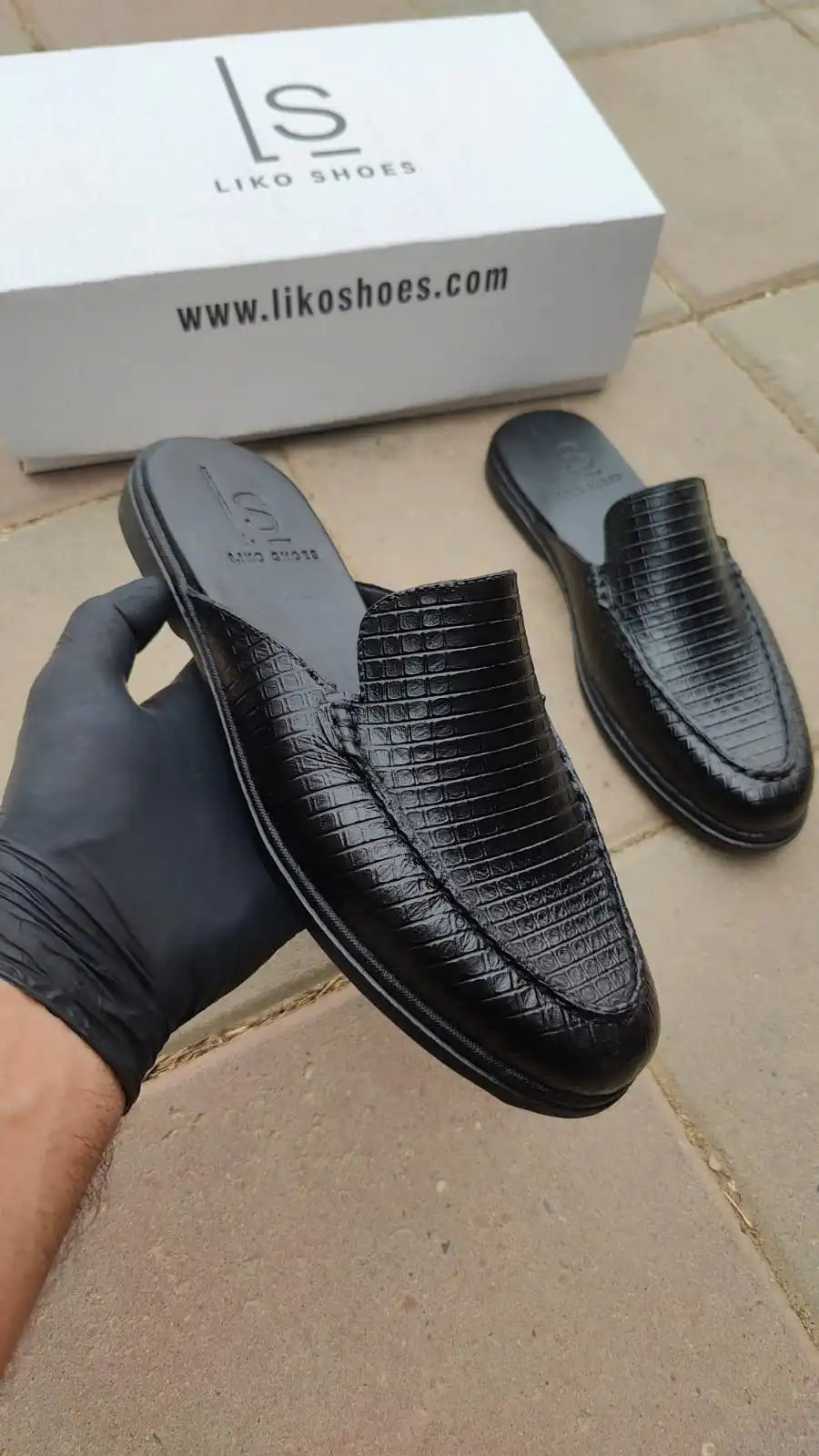 Men's Black Croco-Textured Mule Shoes (Backless)