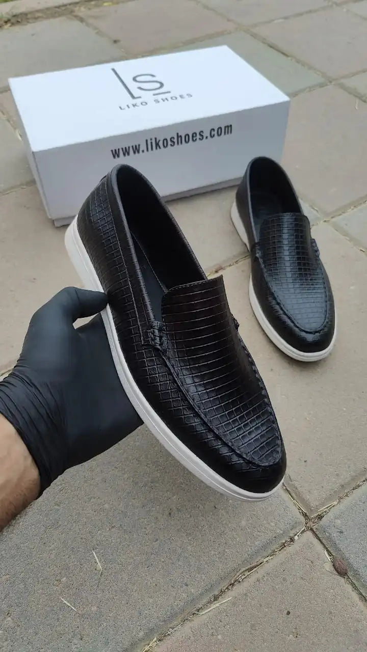 Onyx Reptile-Textured Leather Loafers